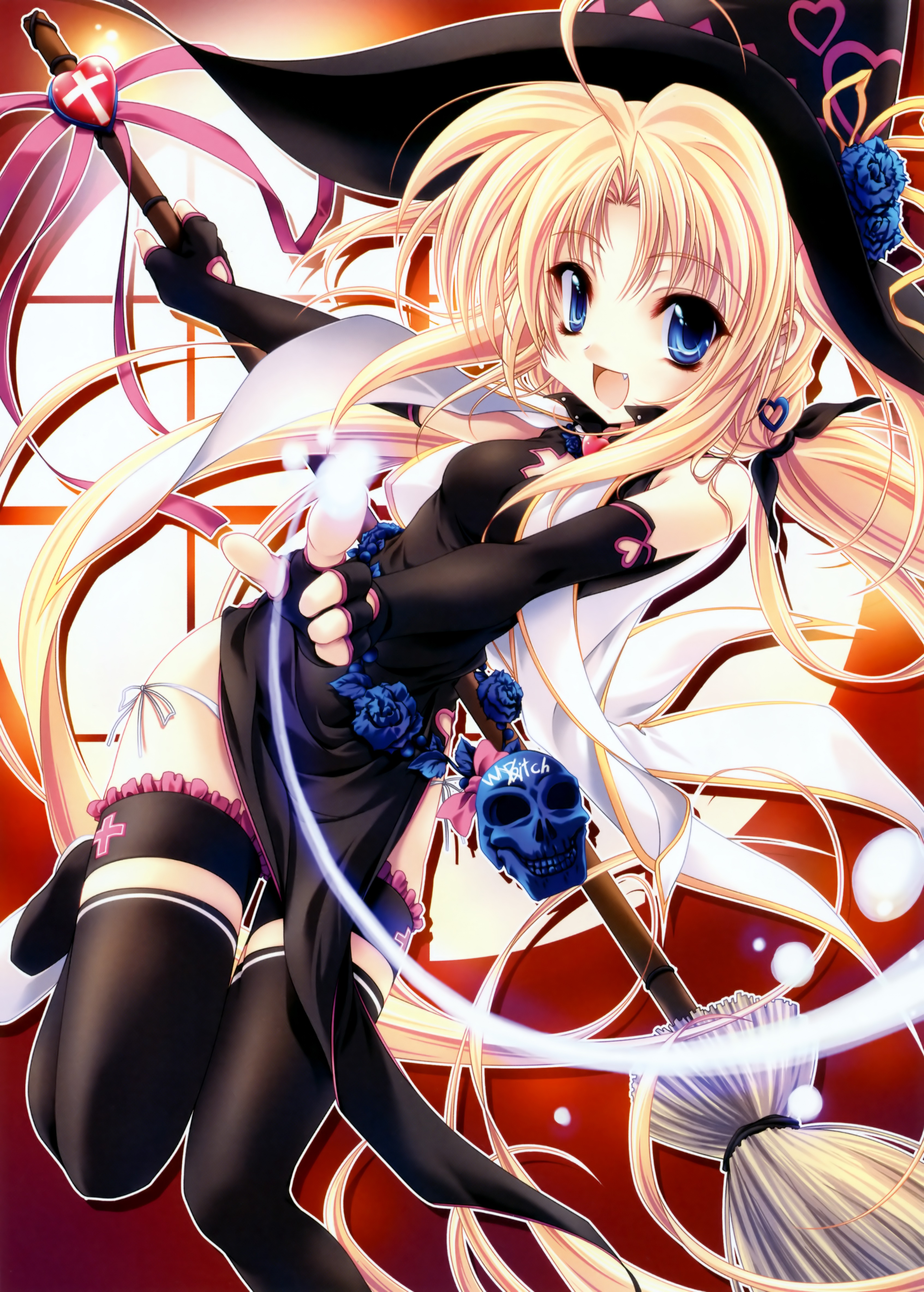 miyama-zero, shirogane akane, kanojo tachi no ryuugi, absurdres, highres, 1girl, :d, blonde hair, blue eyes, broom, fang, female focus, fingerless gloves, gloves, hat, open mouth, panties, side-tie panties, skull, smile, solo, thighhighs, underwear, white panties, witch, witch hat