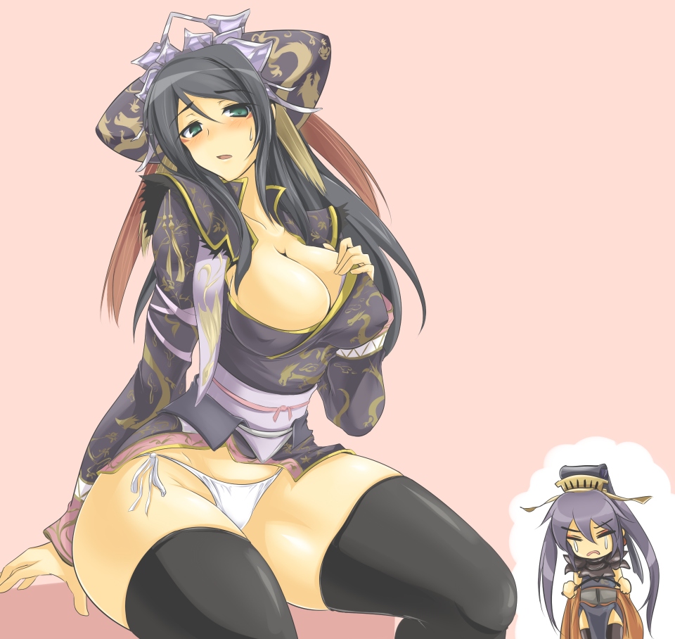 momio, oui, oui (character), touhaku, sangokushi taisen, bad id, bad pixiv id, 1girl, black hair, blue eyes, breasts, chibi, chinese clothes, cleavage, cosplay, costume switch, curvy, hip focus, large breasts, panties, pantyshot, side-tie panties, thick thighs, thighhighs, thighs, underwear, wide hips