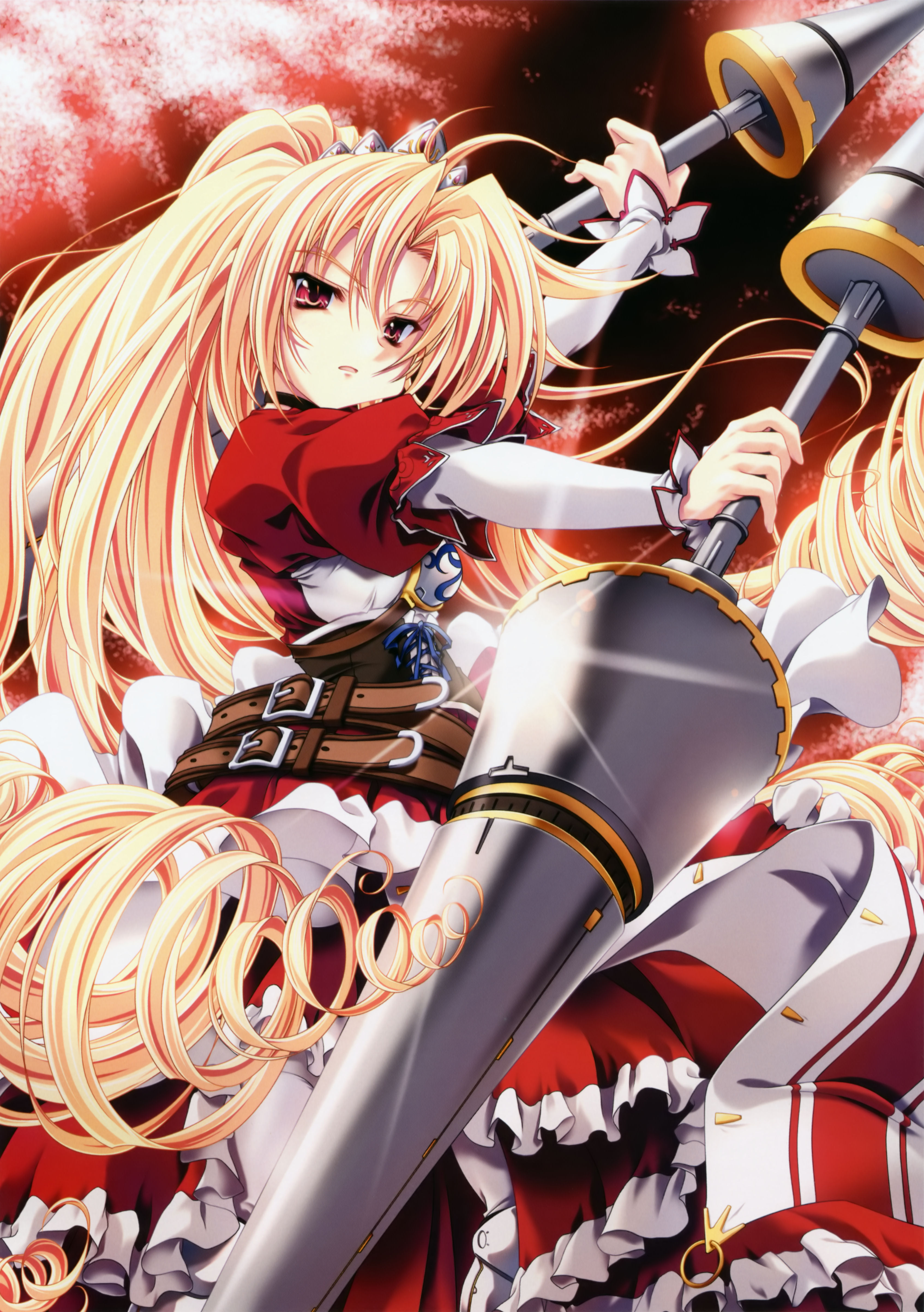 miyama-zero, angela victoire blendin, princess waltz, absurdres, highres, blonde hair, drill hair, forked eyebrows, long hair, red eyes, solo, very long hair, weapon