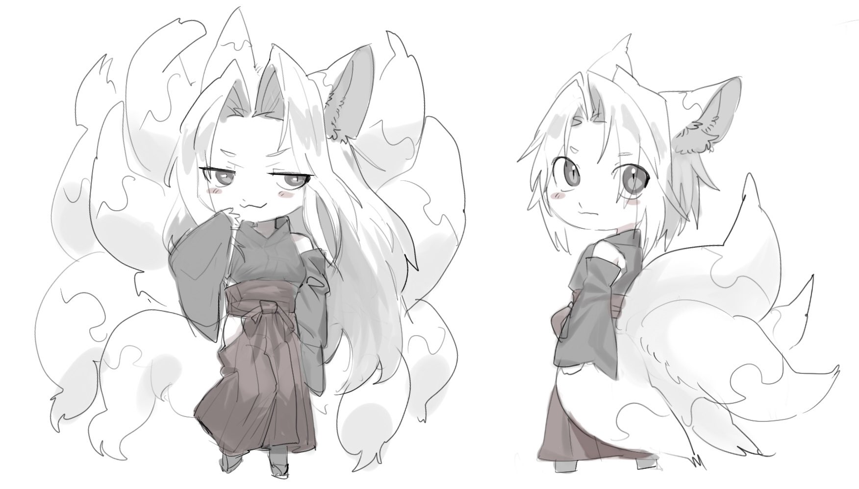 hattouissenbaka, sephiroth, sephiroth (ever crisis), final fantasy, final fantasy vii, final fantasy vii ever crisis, highres, 2boys, :3, age comparison, alternate costume, animal ears, blush stickers, chibi, chibi only, clothing cutout, detached sleeves, fox boy, fox ears, fox tail, full body, geta, hair intakes, hakama, hakama pants, hip vent, japanese clothes, kemonomimi mode, kimono, kitsune, long hair, looking back, multiple boys, multiple persona, multiple tails, pants, parted bangs, sketch, sleeveless, sleeveless kimono, slit pupils, spot color, standing, tail, very long hair, white background