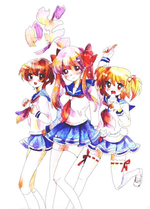 hiwari, haramura nodoka, kataoka yuuki, miyanaga saki, saki (manga), bad id, bad pixiv id, 00s, neckerchief, red neckerchief, school uniform, serafuku, taco, thighhighs, zettai ryouiki