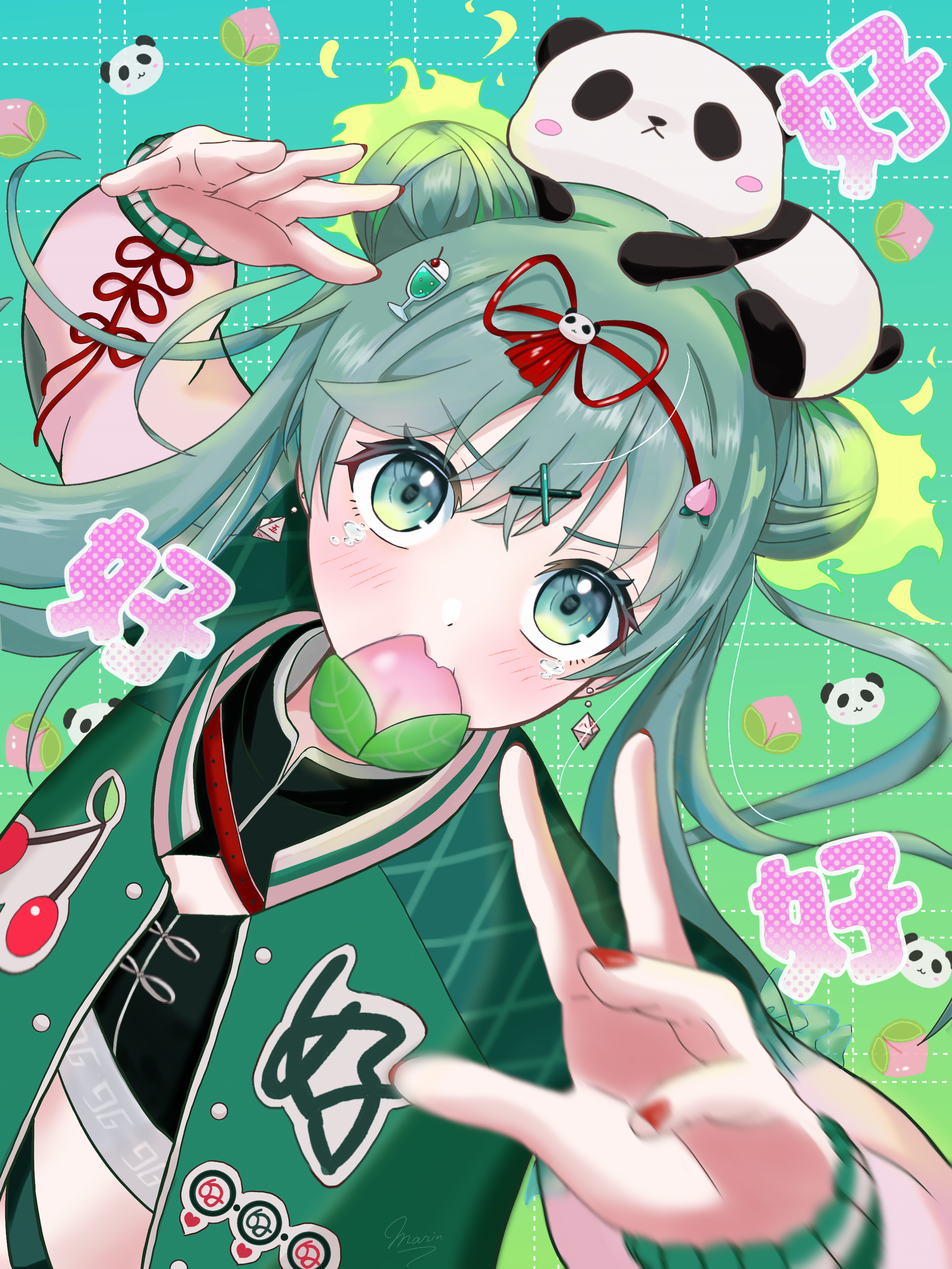 maarin (59567861), hatsune miku, hao (vocaloid), vocaloid, absurdres, highres, 1girl, double bun, earrings, egasumi, fang, flower, food, food in mouth, food print, fruit, fruit print, green background, green jacket, grid background, hair between eyes, hair bun, hair ornament, hair ribbon, heart, jacket, jewelry, long sleeves, looking at viewer, open clothes, open jacket, open mouth, panda, peach, red nails, red ribbon, ribbon, solo, tears, twintails, white ribbon, x hair ornament