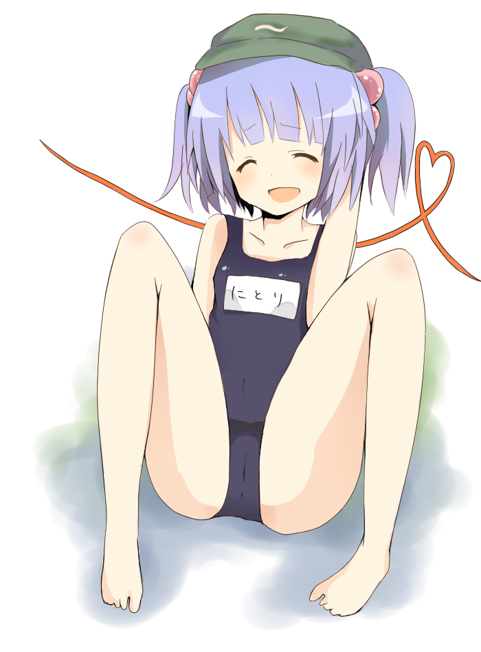 mono (recall), kawashiro nitori, touhou, bad id, bad pixiv id, 1girl, alternate breast size (smaller), barefoot, blue hair, cameltoe, closed eyes, feet, female focus, flat chest, hair bobbles, hair ornament, heart, legs, loli, one-piece swimsuit, school swimsuit, short hair, smile, solo, spread legs, swimsuit, twintails, two side up