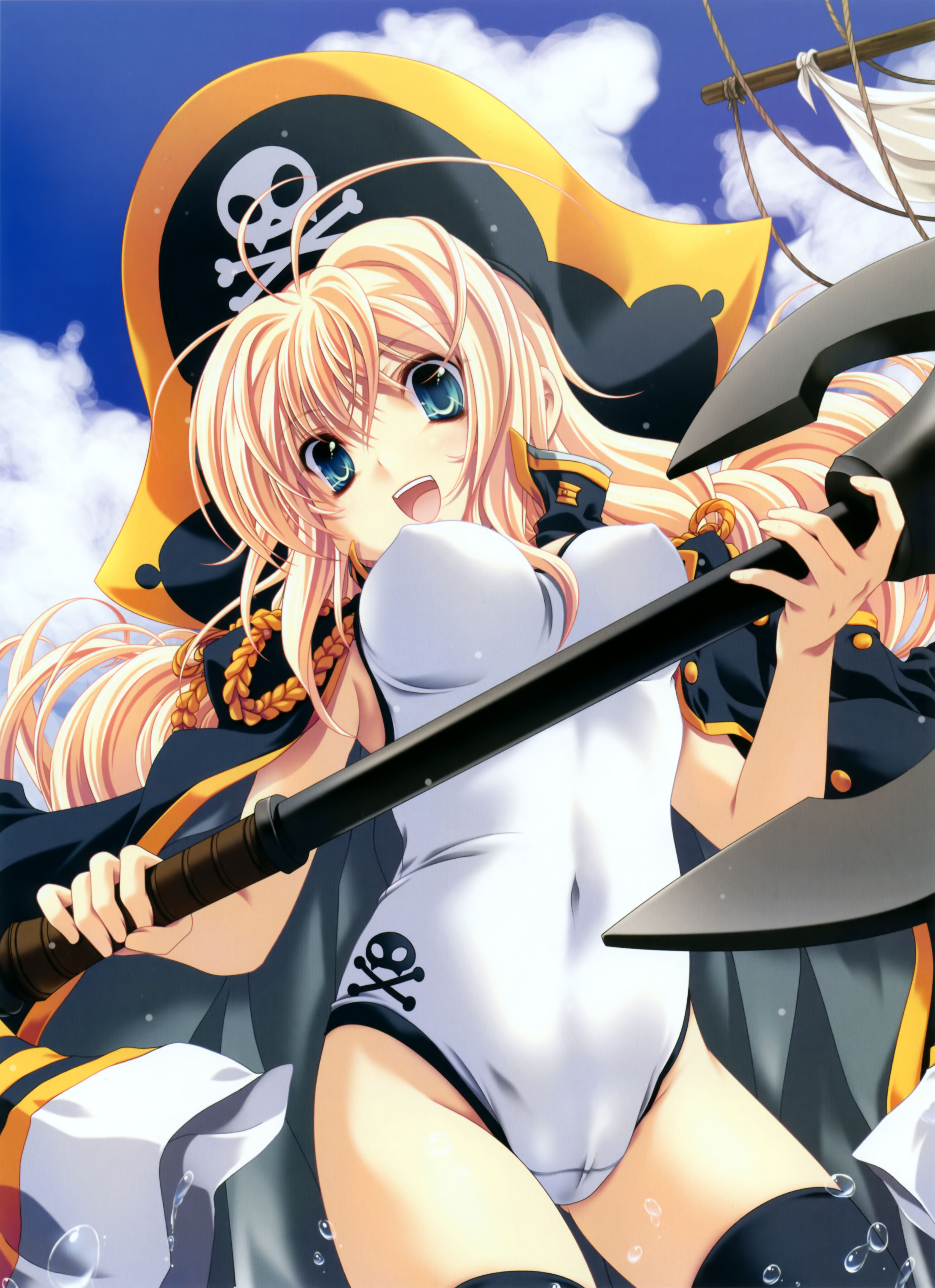 miyama-zero, absurdres, highres, 1girl, anchor, blonde hair, female focus, green eyes, hat, long hair, one-piece swimsuit, pirate, pirate hat, skin tight, skull and crossbones, solo, swimsuit, thighhighs