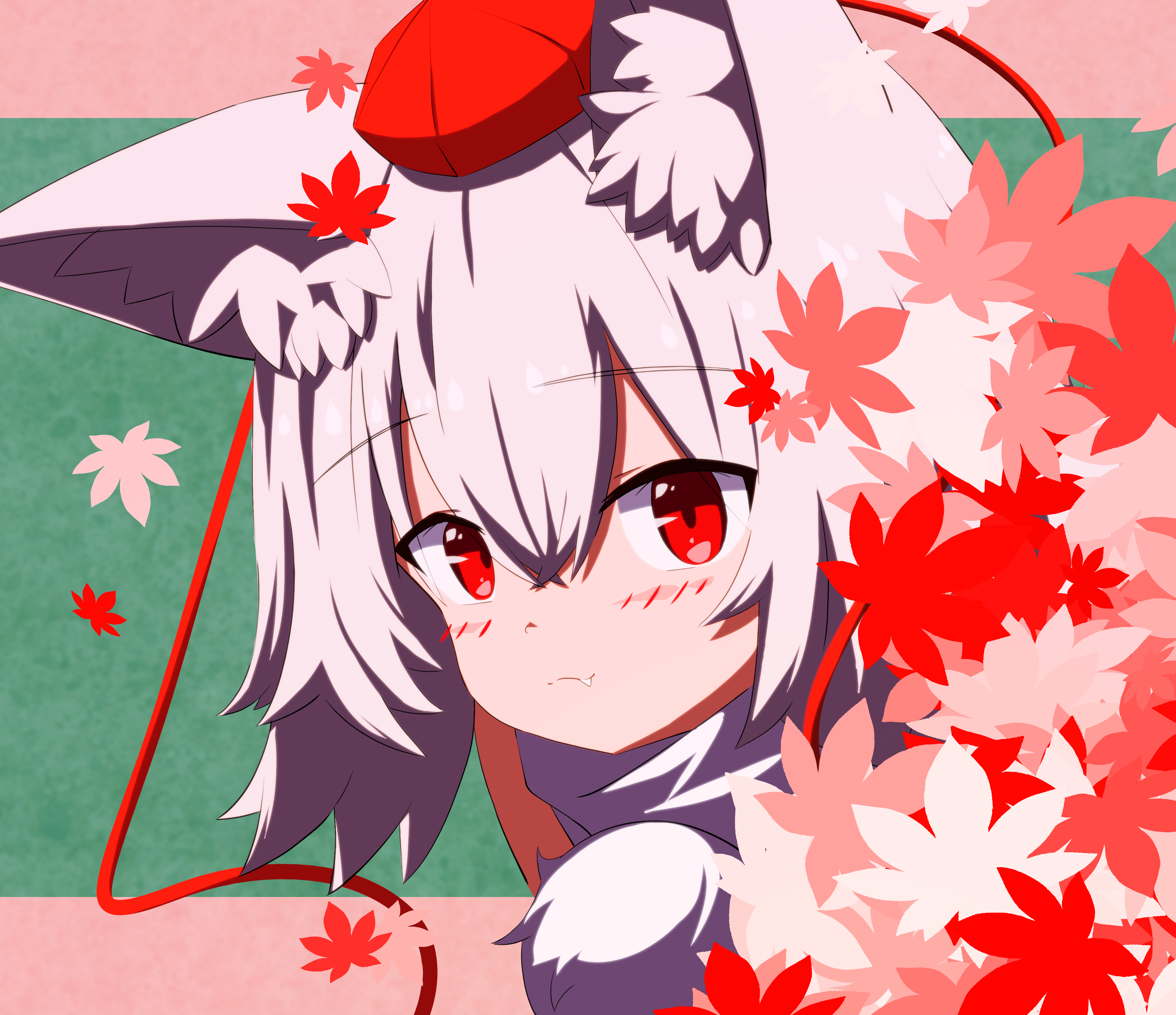 hippo tata, inubashiri momiji, touhou, absurdres, commentary, highres, 1girl, :3, animal ear fluff, animal ears, blush, close-up, closed mouth, crossed bangs, double-parted bangs, falling leaves, fang, floating hair, green background, hair between eyes, hat, leaf, maple leaf, medium hair, pink background, pom pom (clothes), red eyes, red hat, shirt, solo, split mouth, tokin hat, upper body, white hair, white shirt, wolf ears, wolf girl