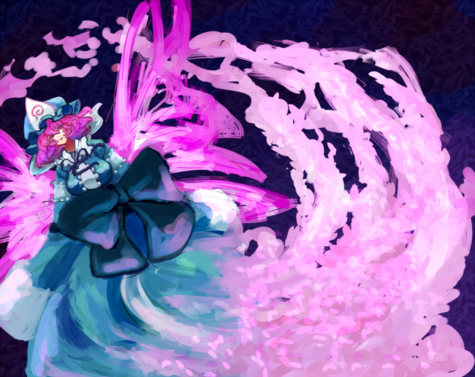 shibasaki shouji, saigyouji yuyuko, touhou, bad id, bad pixiv id, 1girl, female focus, hat, japanese clothes, pink hair, ribbon, short hair, solo