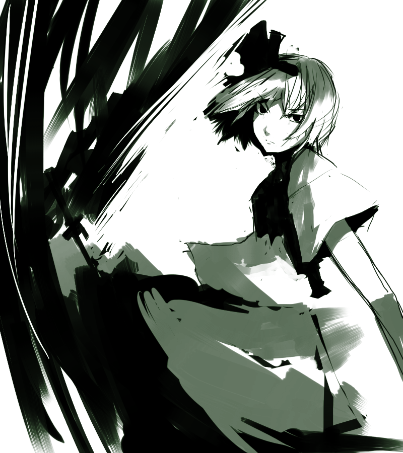 un-known (ninesix), konpaku youmu, touhou, bad id, bad pixiv id, 1girl, female focus, green theme, monochrome, ribbon, short hair, solo