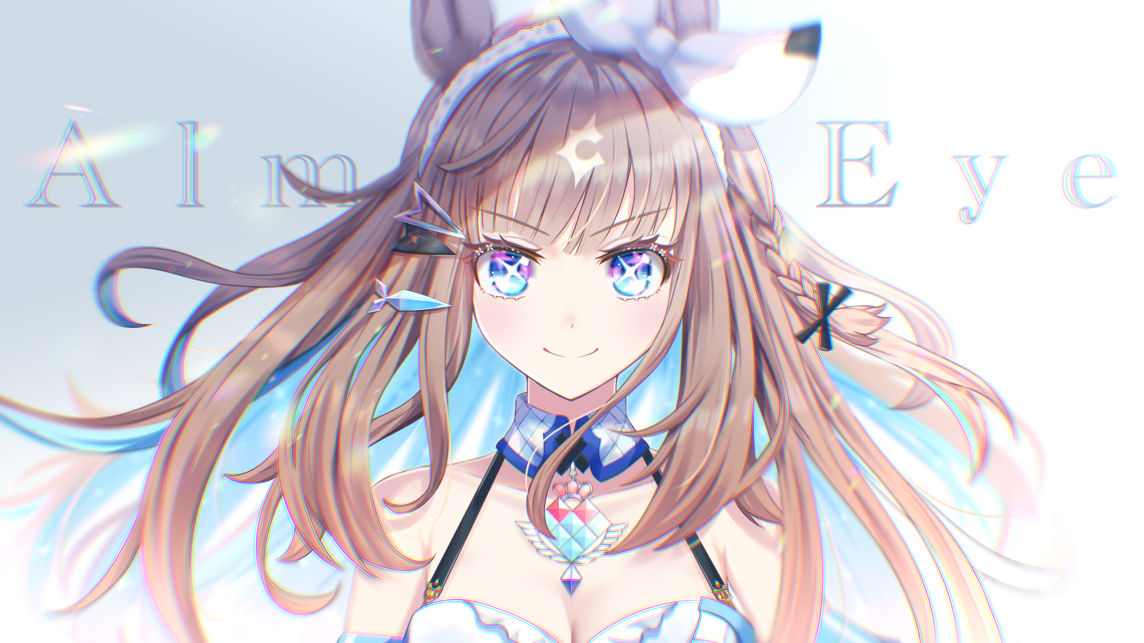 uji (966qrr), almond eye (umamusume), umamusume, absurdres, commentary request, highres, 1girl, animal ears, blue eyes, blue hair, blush, bow hairband, braid, breasts, brown hair, character name, cleavage, closed mouth, colored inner hair, cross-shaped pupils, hairband, horse ears, horse girl, long hair, looking at viewer, multicolored hair, side braid, single braid, smile, solo, symbol-shaped pupils, too many hair ornaments, upper body, white hairband