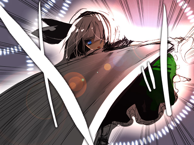 uru uzuki, yuzuki (pixiv), konpaku youmu, touhou, silver hair, bad id, bad pixiv id, 1girl, action, blue eyes, danmaku, female focus, ribbon, solo, sword, weapon