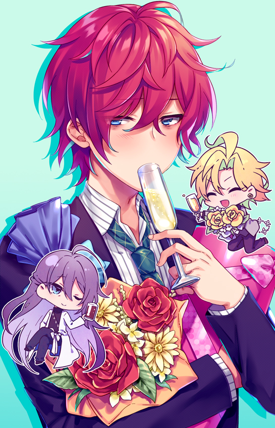 izanami hifumi, jinguji jakurai, kannonzaka doppo, hypnosis mic, 3boys, absurdly long hair, ahoge, aqua background, aqua streaks, black jacket, black pants, black shirt, blonde hair, blue eyes, bouquet, champagne flute, chibi, closed eyes, coat, cup, drinking, drinking glass, earrings, flower, green necktie, green streaks, grey jacket, grid print, hair between eyes, hair intakes, holding, holding bouquet, jacket, jewelry, light blush, long hair, looking to the side, male focus, matenro (hypnosis mic), multiple boys, necktie, one eye closed, pants, red flower, red hair, red rose, rose, shirt, striped blush, striped clothes, striped shirt, upper body, user kgjt8542, very long hair, white coat, white shirt, yellow flower, yellow rose