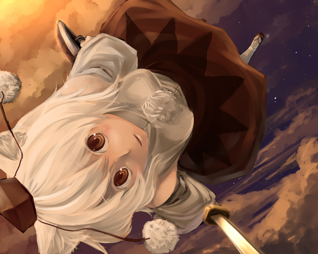 aaru (tenrake chaya), inubashiri momiji, touhou, silver hair, 1girl, animal ears, female focus, geta, hat, outdoors, sky, solo, sword, tokin hat, weapon, wolf ears