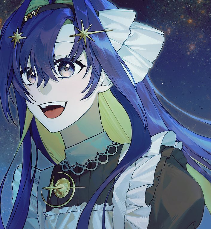 voyager (reverse:1999), reverse:1999, 1girl, :d, apron, black dress, blonde hair, blue eyes, blue hair, colored inner hair, dress, frilled apron, frills, hair between eyes, hair intakes, hair ornament, long hair, multicolored hair, niv cm, open mouth, portrait, school uniform, smile, solo, soviet school uniform, star (sky), star (symbol), star hair ornament, starry sky background, teeth, tongue, upper teeth only, very long hair, white apron