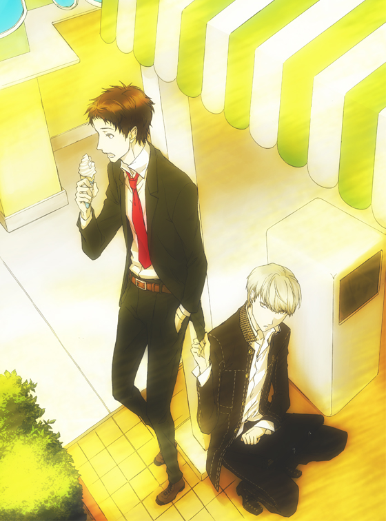 ito (pixiv), adachi tooru, narukami yu, atlus, persona, persona 4, bad id, bad pixiv id, 2boys, eating, food, from above, ice cream, ice cream cone, male focus, multiple boys, necktie, pavement, soft serve, squatting, standing