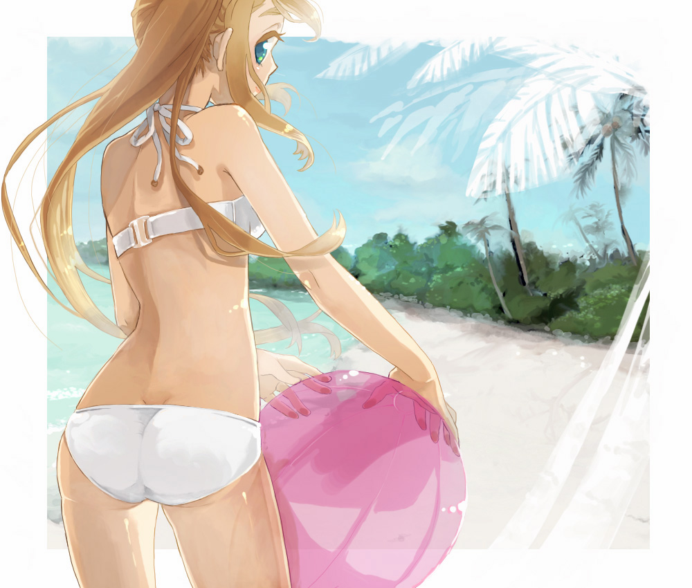 kurage (huwahuwaru n), kotobuki tsumugi, k-on!, bad id, bad pixiv id, 00s, 1girl, ass, back, ball, beach, beachball, bikini, blonde hair, butt crack, day, female focus, from behind, green eyes, long hair, looking back, outdoors, palm tree, solo, swimsuit, tree, water, white bikini