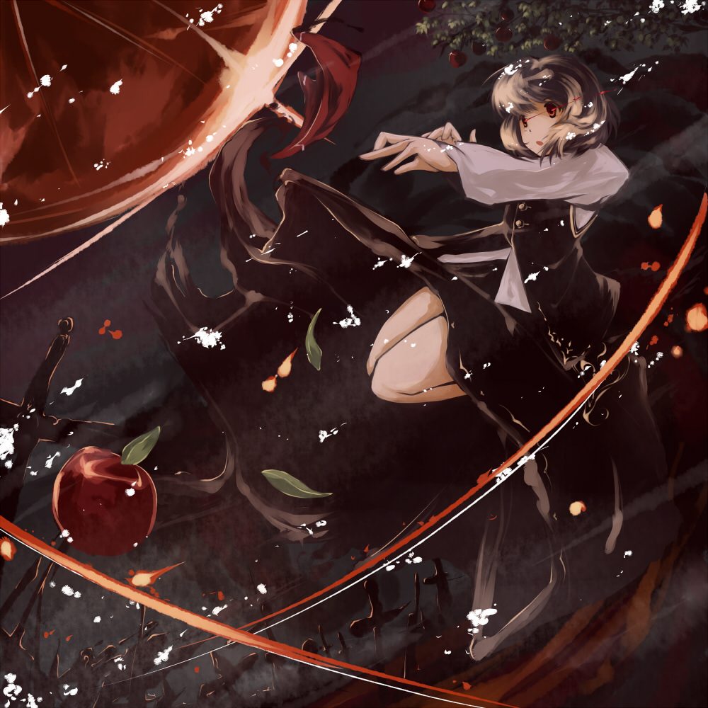 ryuu, ryuu (tsukinoyuki), rumia, embodiment of scarlet devil, touhou, 1girl, apple, blonde hair, female focus, food, fruit, glowing, glowing eyes, red eyes, ribbon, short hair, solo