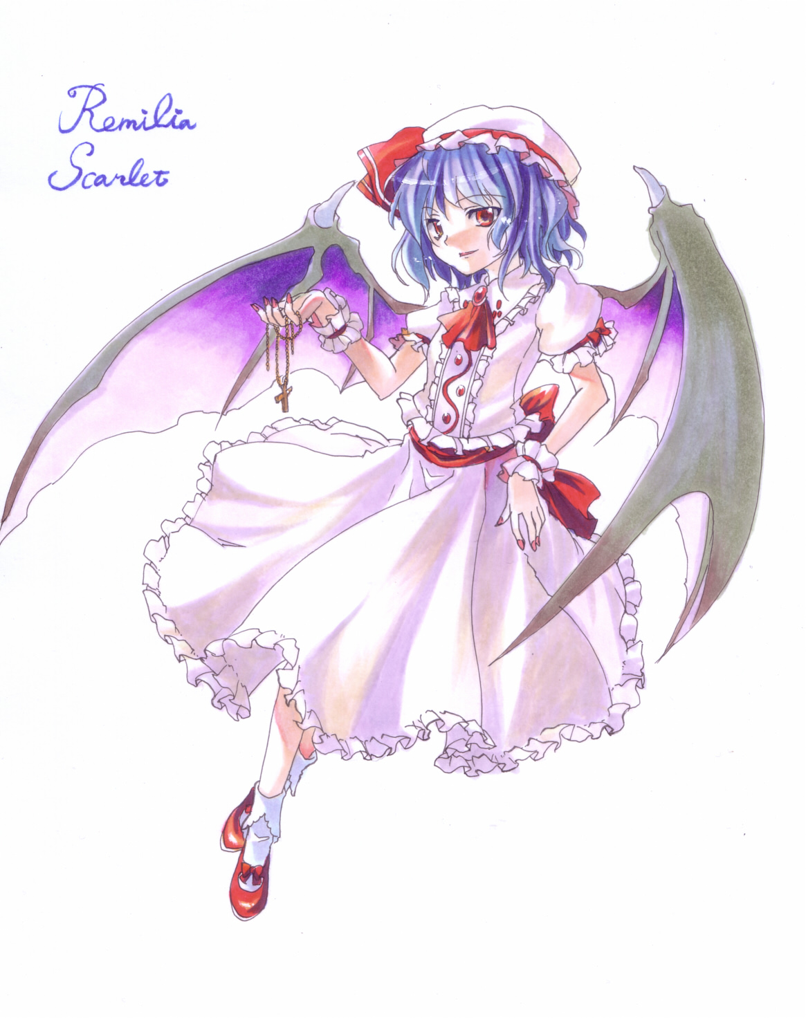 myaaco, remilia scarlet, touhou, highres, 1girl, blue hair, cross, female focus, full body, hat, red eyes, ribbon, simple background, skirt, solo, white background, wings