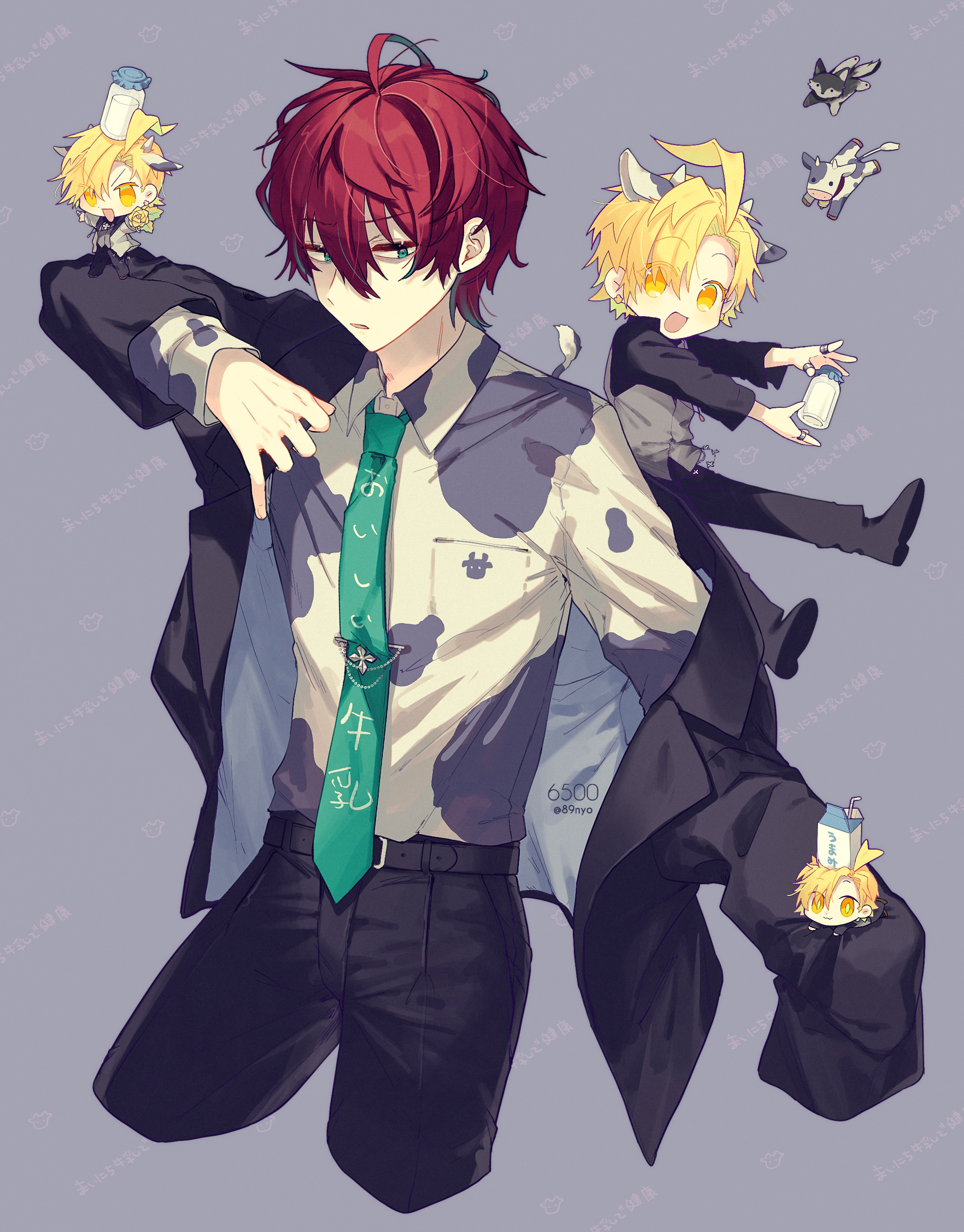 c asca, izanami hifumi, kannonzaka doppo, hypnosis mic, absurdres, highres, 4boys, :d, ahoge, alternate costume, animal ears, animal print, aqua eyes, aqua necktie, aqua streaks, belt, black belt, black jacket, black pants, blonde hair, bottle, brooch, chibi, clone, cow, cow ears, cow horns, cow print, cow tail, cowboy shot, cropped legs, frown, hair intakes, horns, jacket, jewelry, looking at viewer, looking to the side, male focus, milk bottle, milk carton, multiple boys, necktie, open mouth, pants, putting on jacket, red hair, smile, tail, twitter username, wolf, yellow eyes