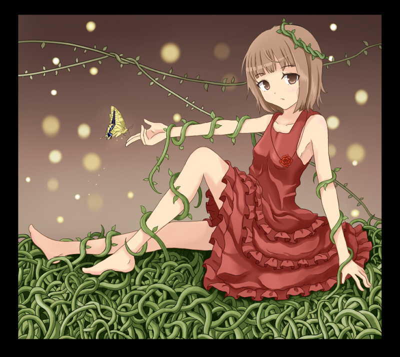 goro, bad id, bad pixiv id, barefoot, brown eyes, brown hair, bug, butterfly, dress, feet, frills, insect, plant, solo