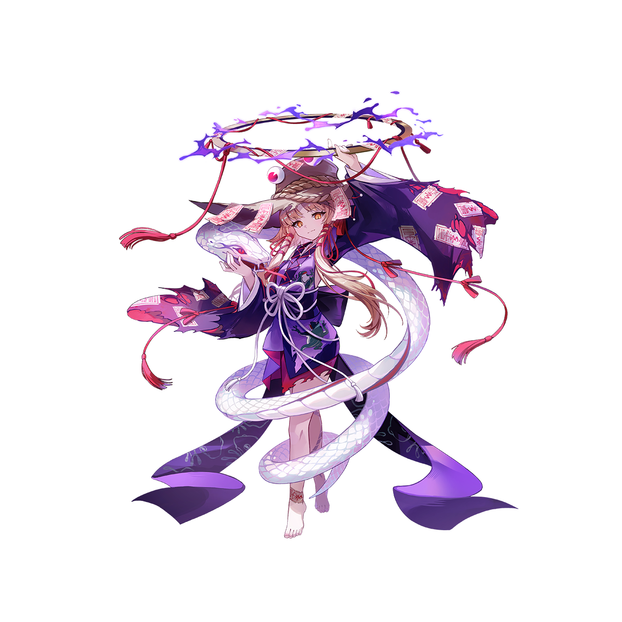 u u zan, mishaguji, moriya suwako, touhou, touhou gensou eclipse, game cg, highres, non-web source, official art, second-party source, 1girl, alternate costume, animal print, barefoot, blonde hair, brown hat, chakram, closed mouth, frog print, hair ribbon, halo, hat, holding, holding weapon, japanese clothes, kimono, long hair, long sleeves, looking at viewer, moriya's iron rings, ofuda, ofuda on clothes, ofuda on leg, print kimono, purple kimono, red ribbon, ribbon, snake, solo, tachi-e, toes, torn clothes, torn sleeves, tress ribbon, weapon, white background, white snake, wide sleeves, yellow eyes