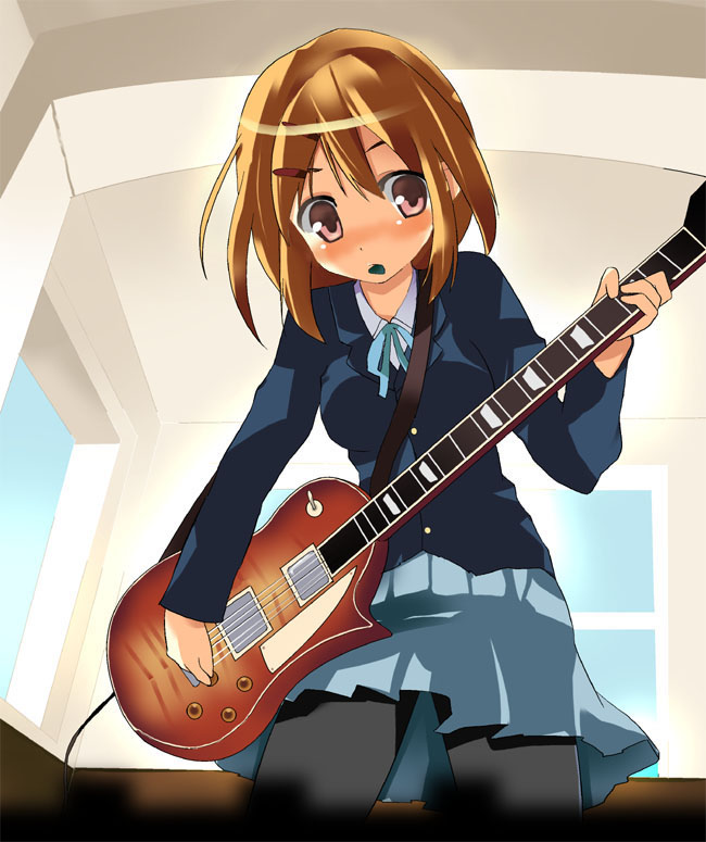 shigen, hirasawa yui, k-on!, 00s, 1girl, blazer, blonde hair, blush, brown eyes, brown hair, female focus, from below, guitar, hair ornament, hairclip, indoors, instrument, jacket, miniskirt, mouth hold, multicolored hair, pantyhose, pink eyes, pleated skirt, ribbon, school uniform, short hair, skirt, solo, standing, two-tone hair