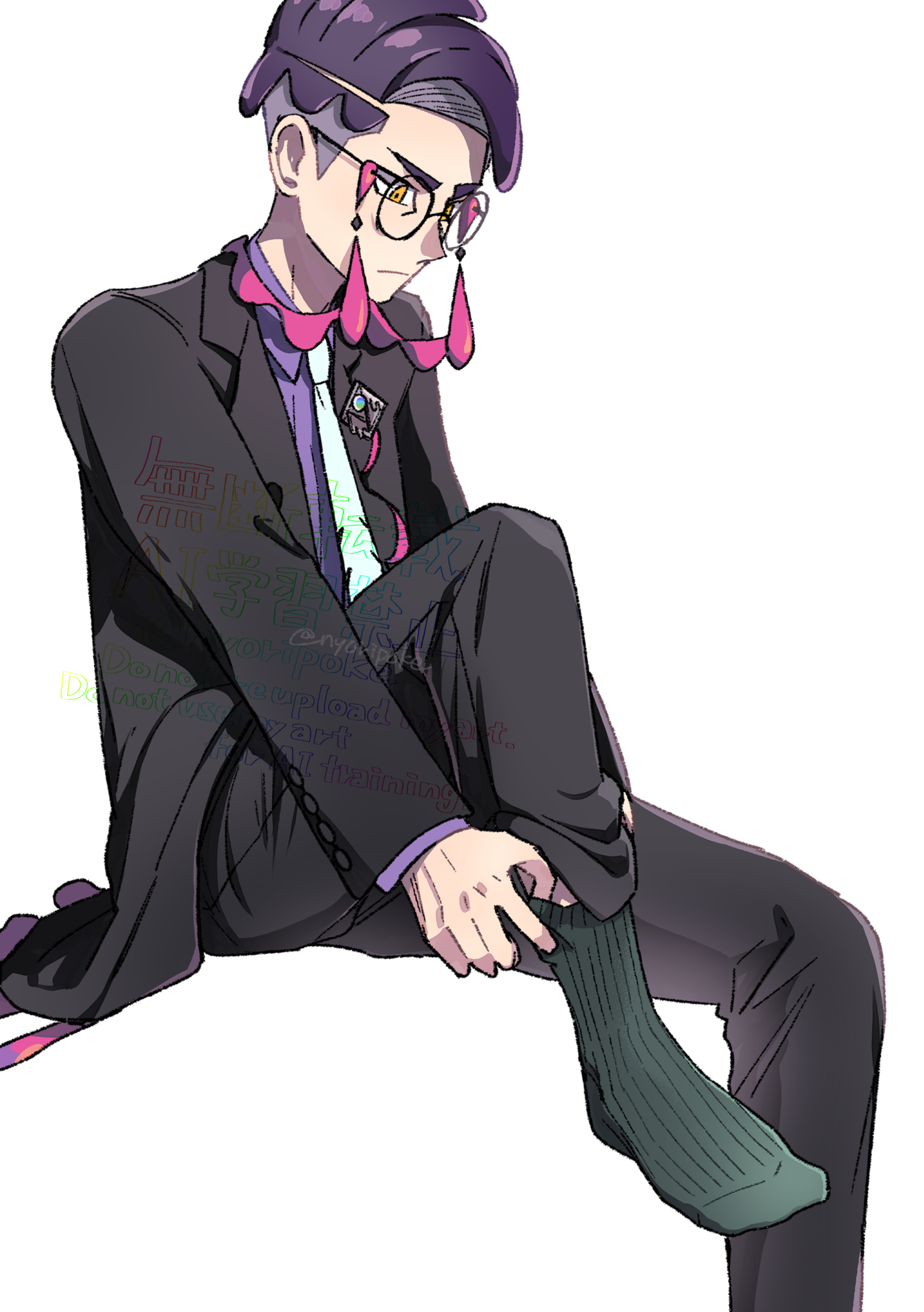 nyoripoke, corbeau (pokemon), nintendo, pokemon, pokemon legends: z-a, commentary request, highres, 1boy, adjusting sock, black-framed eyewear, black coat, black pants, closed mouth, coat, collared shirt, glasses, green socks, invisible chair, looking down, male focus, necktie, open clothes, open coat, pants, purple shirt, ribbed socks, round eyewear, shirt, short hair, sitting, socks, solo, undercut, white necktie, yellow eyes