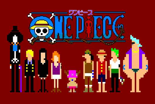 8bit, rip., brook (one piece), franky (one piece), monkey d. luffy, nami (one piece), nami (one piece) (water 7), nico robin, nico robin (water 7), roronoa zoro, sanji (one piece), tony tony chopper, usopp, one piece, bad id, bad pixiv id, 2girls, 6+boys, black hair, blonde hair, blue hair, copyright name, everyone, green hair, hat, jewelry, jolly roger, multiple boys, multiple girls, necklace, orange hair, pink hat, pixel art, skeleton, straw hat, straw hats jolly roger, tattoo