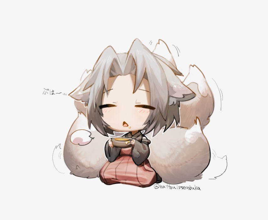 hattouissenbaka, sephiroth, sephiroth (ever crisis), final fantasy, final fantasy vii, final fantasy vii ever crisis, commentary, symbol-only commentary, translation request, 1boy, alternate costume, animal ears, arm belt, black kimono, bowl, chibi, chibi only, closed eyes, detached sleeves, ears down, food, food on face, fox boy, fox ears, full body, grey background, grey hair, hair intakes, hakama, hands up, holding, holding bowl, japanese clothes, kemonomimi mode, kimono, kitsune, male focus, multiple tails, open mouth, parted bangs, red hakama, sleeveless, sleeveless kimono, solo, tail, tail wagging, twitter username