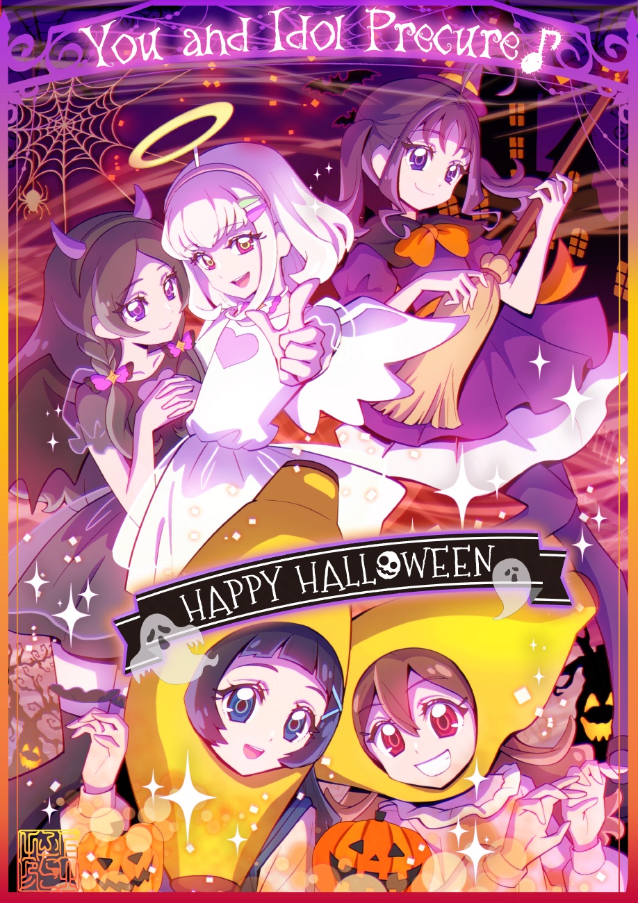 kamikita futago, aokaze nana, meroron (precure), purirun (precure), sakura uta (precure), shigure kokoro, kimi to idol precure, precure, highres, 5girls, ahoge, angel, angel and devil, angel wings, artist logo, banana, bare arms, bare shoulders, black hair, blonde hair, blue eyes, blue hair, blunt bangs, bob cut, braid, broom, brown hair, bubble skirt, bug, choker, closed mouth, collarbone, cosplay, demon, demon horns, demon tail, demon wings, dress, finger gun, food, fruit, ghost, hair ornament, hair ribbon, hair tie, hairpin, halloween, halloween costume, happy halloween, headband, holding, holding broom, holding hands, horns, leggings, logo, long sleeves, looking at another, looking at viewer, looking up, low twin braids, meroron (civilian) (precure), miniskirt, multiple girls, night, night sky, pink hair, puffy dress, puffy sleeves, pumpkin, purirun (civilian) (precure), purple eyes, purple hair, red eyes, ribbon, see-through clothes, see-through sleeves, shirt, short sleeves, silk, skirt, sky, sleeveless, sleeveless shirt, smile, smirk, spider, spider web, tail, twin braids, twintails, upper body, wings, witch