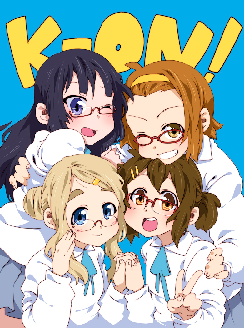 takanashi ringo, akiyama mio, hirasawa yui, kotobuki tsumugi, tainaka ritsu, k-on!, eyebrows, 00s, 4girls, alternate hairstyle, bespectacled, black hair, blue eyes, blush, brown eyes, brown hair, glasses, hair up, happy, ho-kago tea time, holding hands, long hair, multiple girls, one eye closed, school uniform, short hair, short twintails, smile, twintails, v, wink