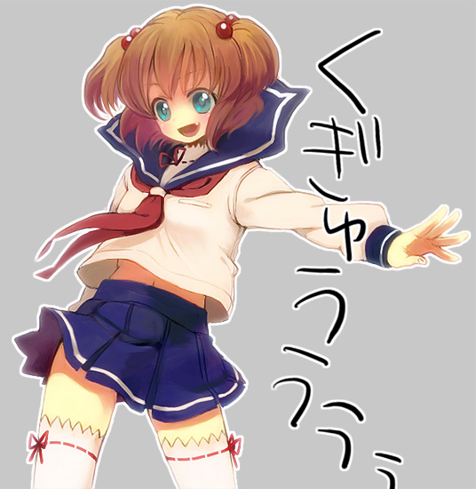yonko, kataoka yuuki, saki (manga), bad id, bad pixiv id, 00s, 1girl, aqua eyes, blue eyes, blush, brown hair, fang, female focus, hair bobbles, hair ornament, laughing, miniskirt, pleated skirt, ribbon, school uniform, serafuku, short hair, simple background, skirt, solo, standing, thighhighs, two side up, white thighhighs, zettai ryouiki