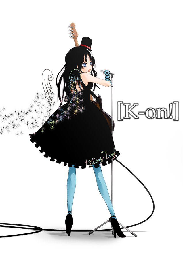 ushi (ushi manji), akiyama mio, don't say "lazy", k-on!, bad id, bad pixiv id, 00s, 1girl, bass guitar, black hair, blue eyes, blue pantyhose, dress, female focus, guitar, hat, high heels, instrument, long hair, microphone, microphone stand, mini hat, mini top hat, pantyhose, shoes, solo, top hat