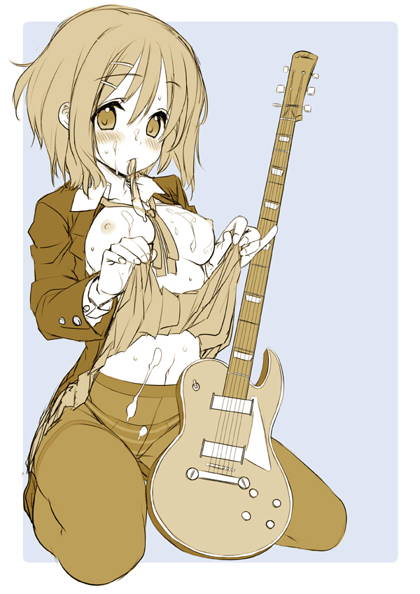 tatami to hinoki, hirasawa yui, k-on!, bad id, bad pixiv id, 00s, 1girl, breasts, bukkake, clothes lift, condom, condom in mouth, crotch seam, cum, cum on body, cum on breasts, cum on clothes, cum on upper body, female focus, guitar, instrument, large breasts, monochrome, mouth hold, open clothes, open shirt, panties, panties under pantyhose, pantyhose, pinky out, school uniform, shirt, short hair, skirt, skirt lift, solo, striped clothes, striped panties, thighband pantyhose, underwear, upskirt