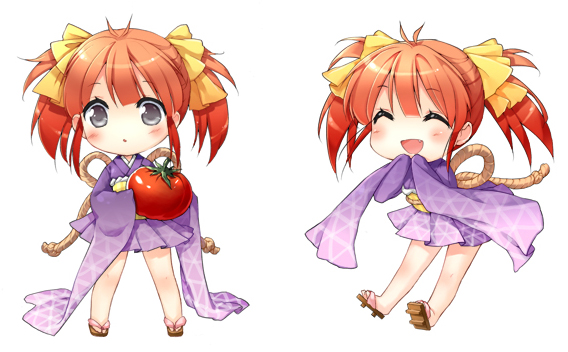 cuteg, bad id, bad pixiv id, :o, black eyes, blush, chibi, happy, japanese clothes, kimono, orange hair, short twintails, tomato, twintails