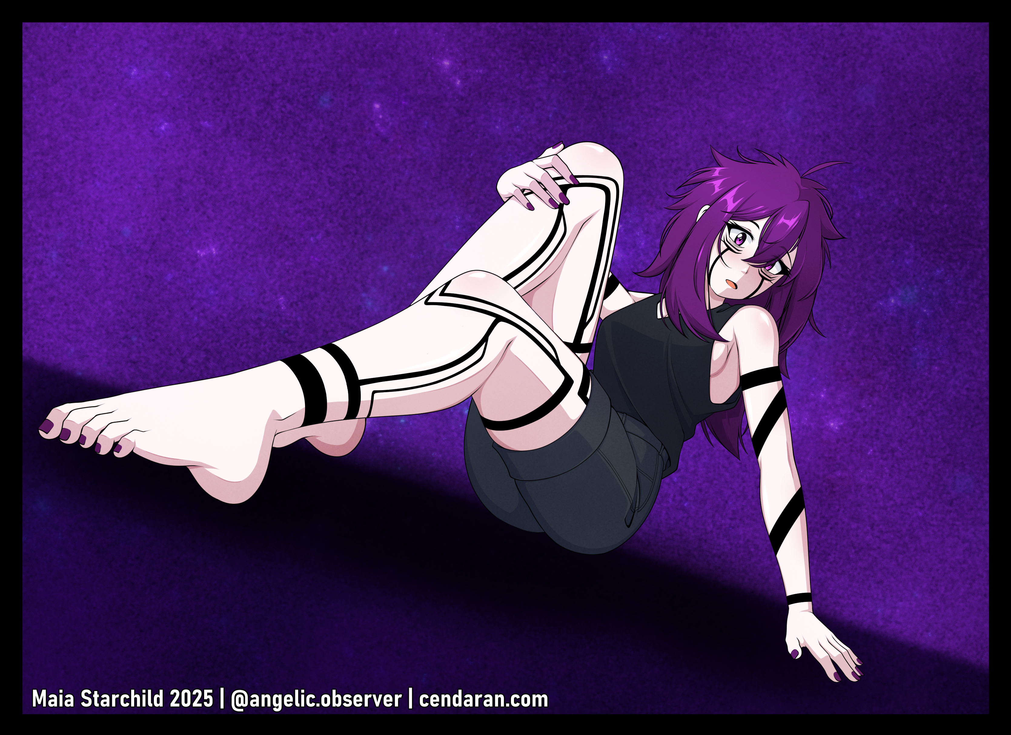 absurdres, highres, self-upload, 1girl, ahoge, arm tattoo, bare shoulders, barefoot, cendaran, denim, denim shorts, facial tattoo, feet, hand on own knee, head tilt, leaning back, leg tattoo, lily graves, long hair, looking at viewer, maia starchild, messy hair, nail polish, open mouth, purple eyes, purple hair, shorts, simple background, solo, tank top, tattoo