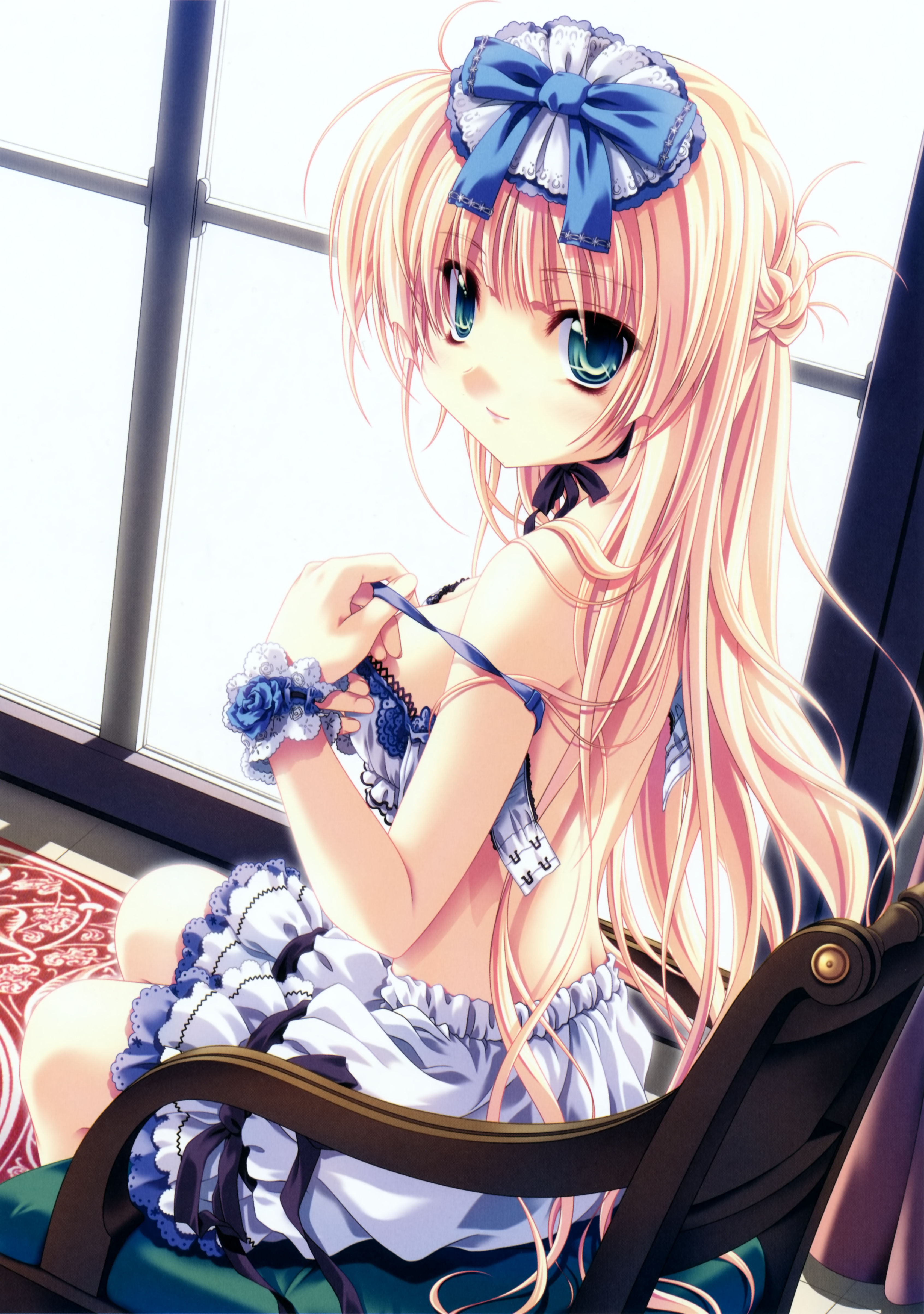 miyama-zero, absurdres, highres, 1girl, back, bare back, blonde hair, bloomers, bra, breasts, chair, cleavage, female focus, green eyes, hair ornament, large breasts, lingerie, long hair, sitting, smile, solo, strap slip, underwear, undressing