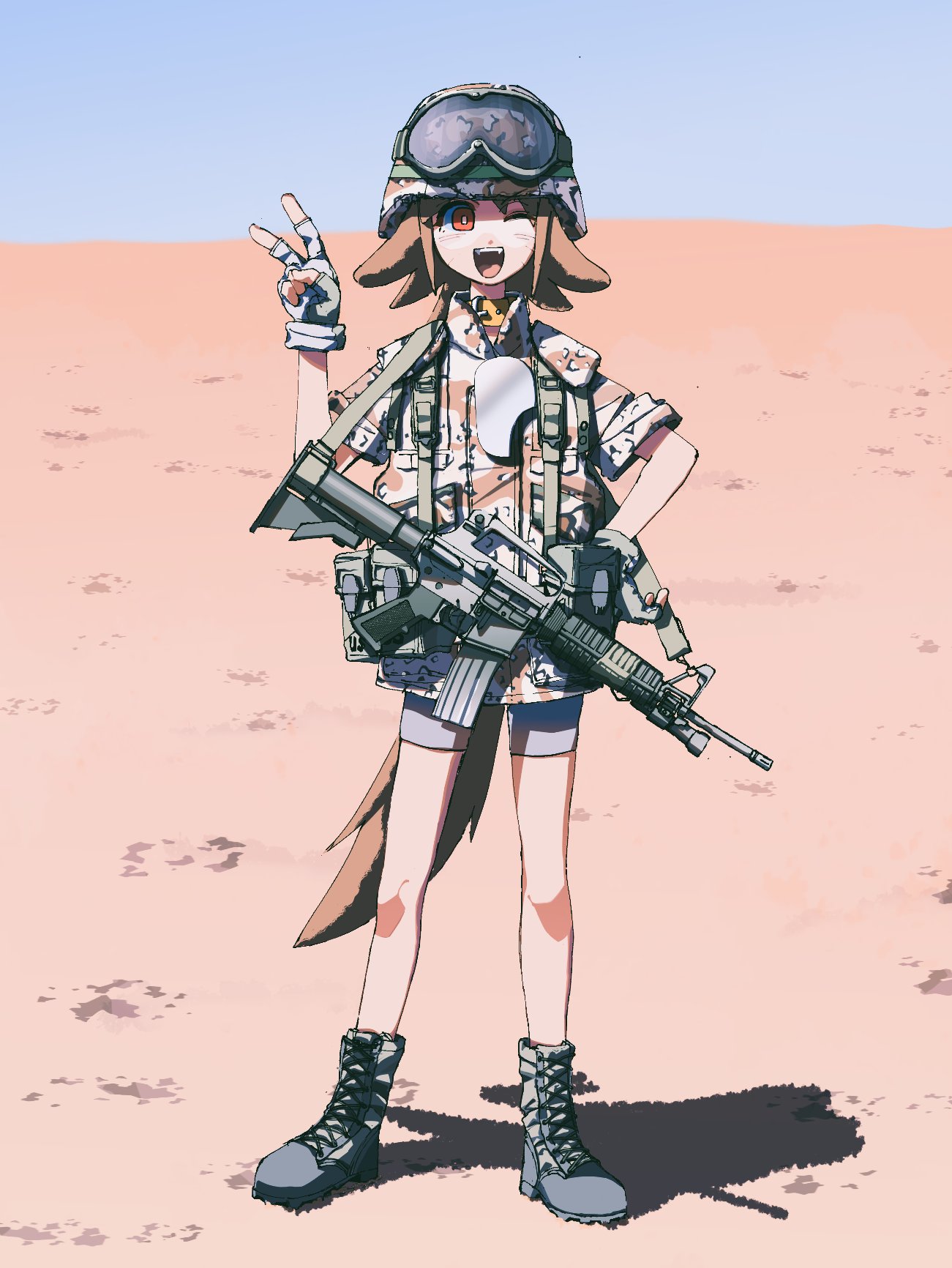 hagetaro1221, original, highres, 1girl, animal collar, animal ears, assault rifle, blue sky, boots, brown jacket, camouflage, camouflage jacket, chest rig, collar, combat boots, combat helmet, day, desert, desert camouflage, dog ears, dog girl, dog tail, fangs, fingerless gloves, full body, gloves, goggles, goggles on headwear, gulf war, gun, hand on own hip, helmet, horizon, jacket, looking at viewer, m16, military uniform, one eye closed, open mouth, orange eyes, outdoors, rifle, shadow, short shorts, short sleeves, shorts, shoulder strap, sky, sleeves rolled up, smile, soldier, solo, standing, tail, v, weapon