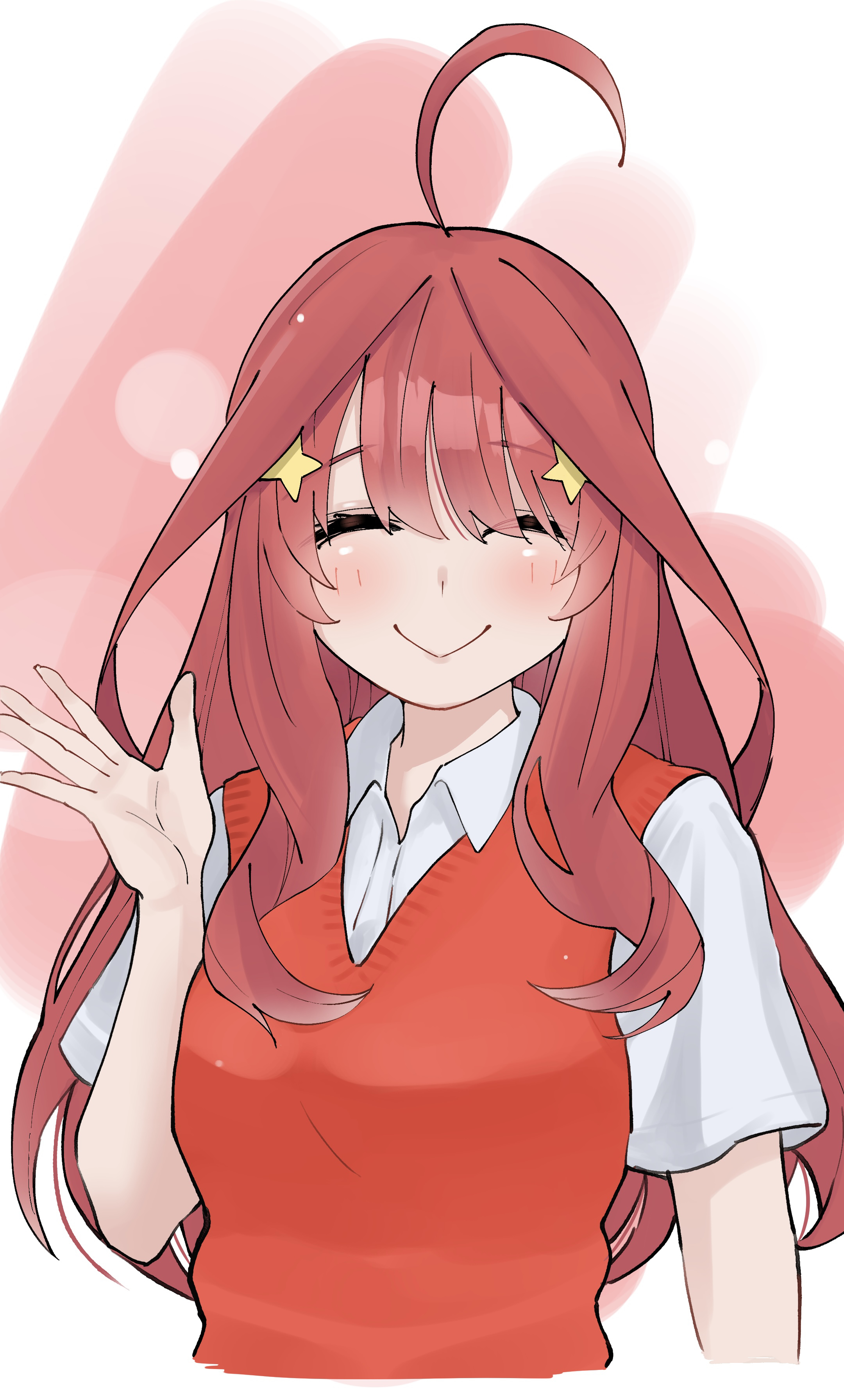 ldeeeeeeeeeejo, nakano itsuki, go-toubun no hanayome, absurdres, highres, 1girl, ahoge, blush, closed eyes, closed mouth, collared shirt, hair between eyes, hair ornament, long hair, looking at viewer, red background, red hair, red sweater vest, shirt, smile, solo, star (symbol), star hair ornament, sweater vest, waving, white shirt