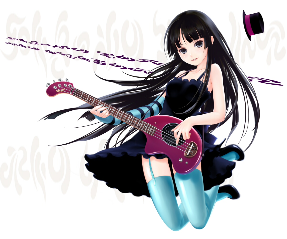yori, yori (shitsuon), akiyama mio, don't say "lazy", k-on!, 00s, 1girl, bare shoulders, bass guitar, black eyes, black hair, dress, elbow gloves, female focus, fingerless gloves, garter belt, gloves, hat, high heels, instrument, long hair, mini hat, mini top hat, shoes, solo, thighhighs, top hat