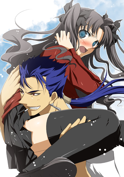 nina (pastime), cu chulainn (fate), cu chulainn (lancer) (fate), tohsaka rin, fate/stay night, fate (series), type-moon, 00s, 1boy, 1girl, black hair, black thighhighs, blue eyes, blue hair, blush, carrying, cigarette, earrings, embarrassed, grin, hair ornament, jewelry, long hair, miniskirt, open mouth, pleated skirt, red eyes, shoes, skirt, smile, smoking, thighhighs, twintails, two side up, zettai ryouiki