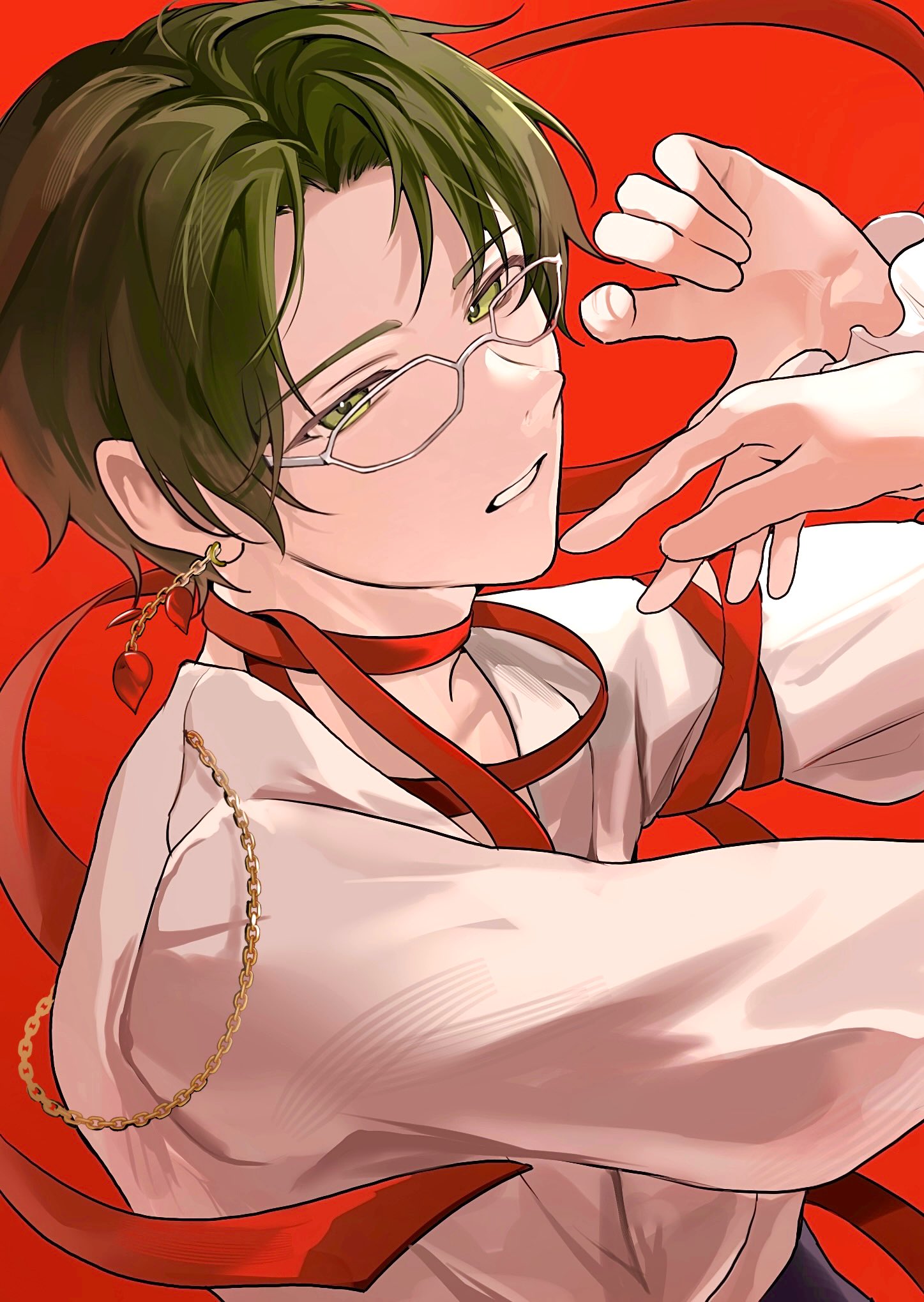 hasumi keito, ensemble stars!, commentary, highres, 1boy, chain, clenched teeth, earrings, glasses, green eyes, green hair, guuzen, hands up, jewelry, looking at viewer, male focus, official alternate costume, parted hair, red background, red ribbon, ribbon, short hair, solo, teeth, upper body