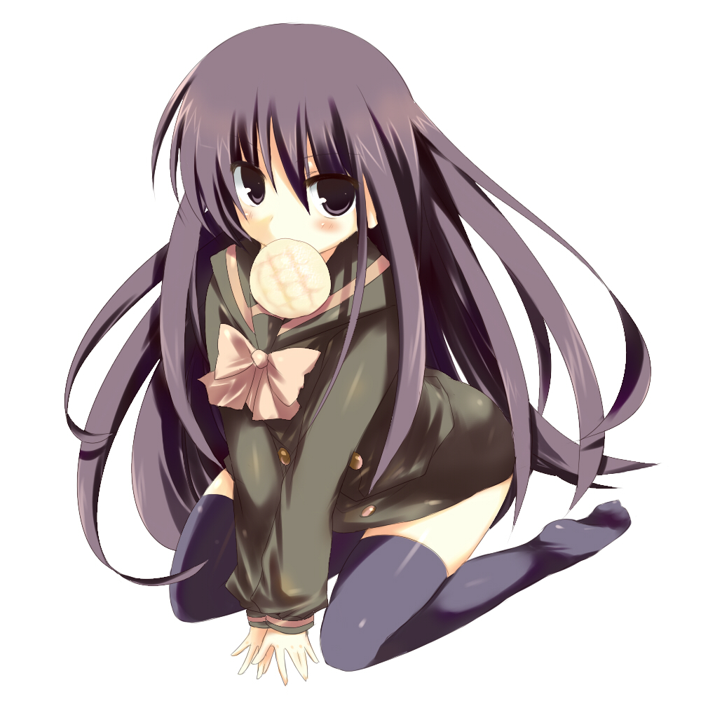 kinoko (hkn), shana, shakugan no shana, bad id, bad pixiv id, 00s, black hair, bread, brown hair, food, melon bread, school uniform, serafuku, solo, thighhighs