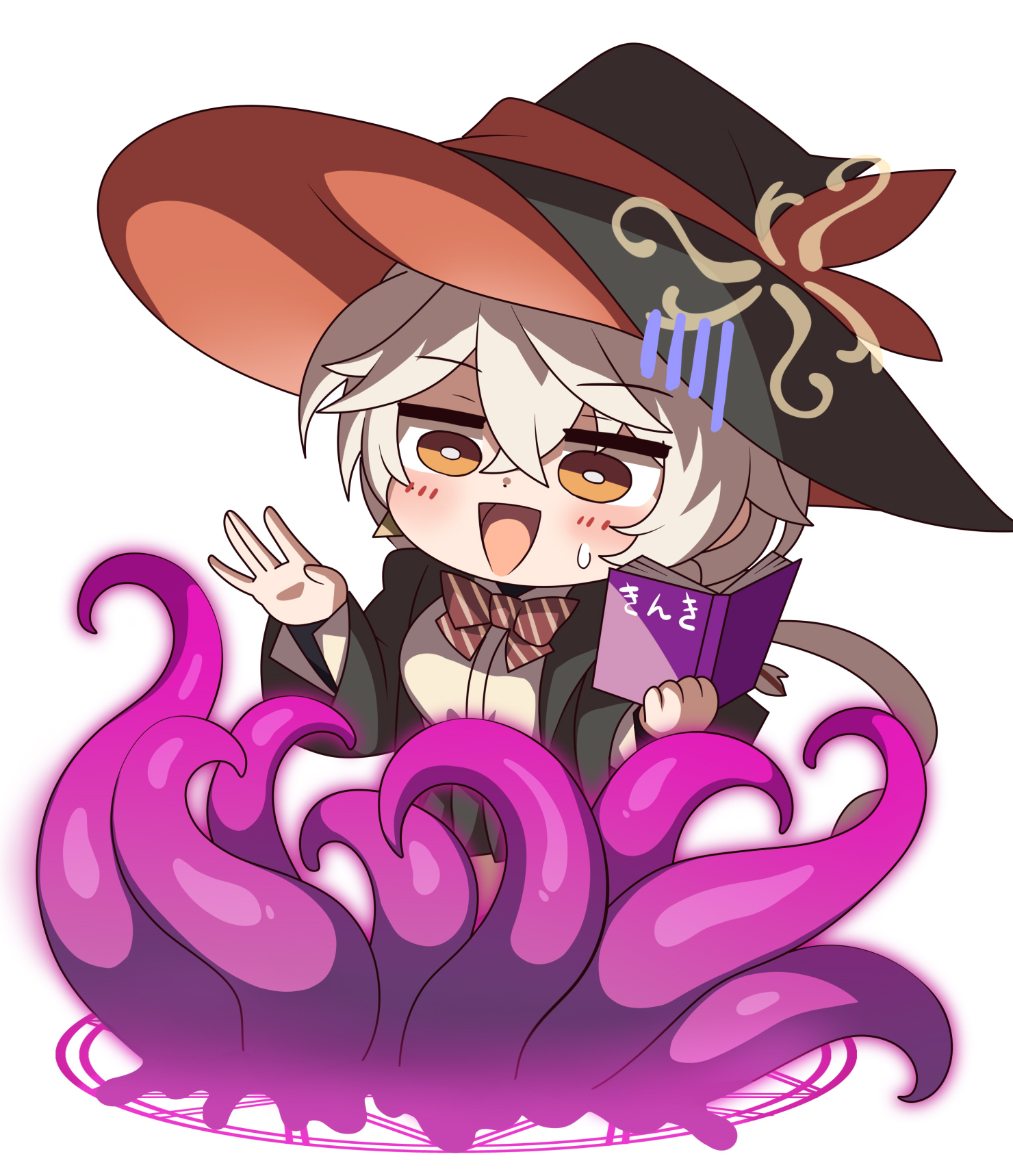 horosuke, eri (blue archive), blue archive, highres, 1girl, black hat, black shirt, blush, book, breasts, hat, large breasts, open mouth, orange eyes, shirt, smile, solo, summoning, tentacles, white hair, white shirt, witch hat