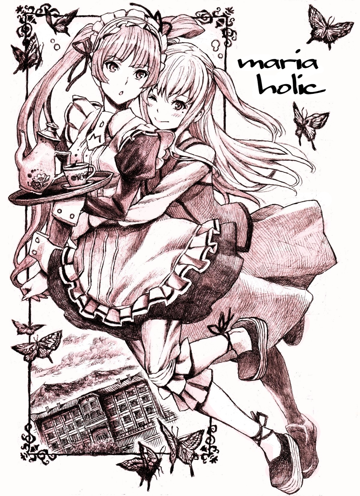 nobita (makoto7060355), shidou mariya, shinouji matsurika, maria holic, highres, 00s, 1boy, 1girl, full body, maid, mole, mole under eye, monochrome, outdoors, pantyhose, pink theme, school uniform, sky, trap, white background