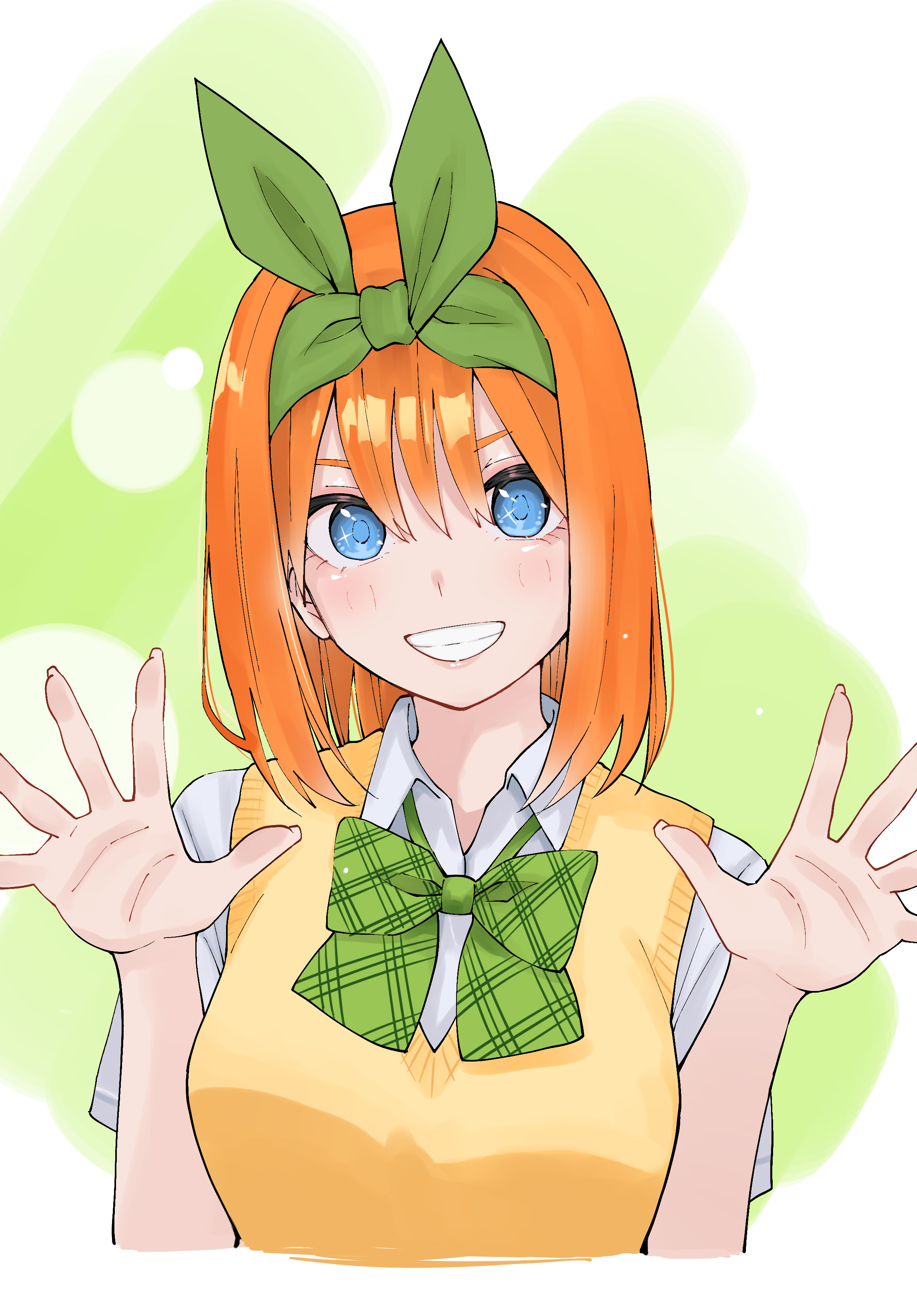 ldeeeeeeeeeejo, nakano yotsuba, go-toubun no hanayome, absurdres, highres, 1girl, blue eyes, blush, bow, breasts, collared shirt, green background, green bow, green hairband, green ribbon, hair between eyes, hair ribbon, hairband, looking at viewer, open hands, orange hair, ribbon, shirt, short hair, smile, solo, sweater vest, white shirt, yellow sweater vest