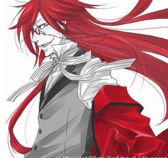 grell sutcliff, kuroshitsuji, lowres, 00s, 1boy, bow, coat, dress shirt, glasses, grin, long hair, male focus, partially colored, profile, red hair, sharp teeth, shinigami, shirt, smile, solo, teeth, trench coat, upper body, vest, white background