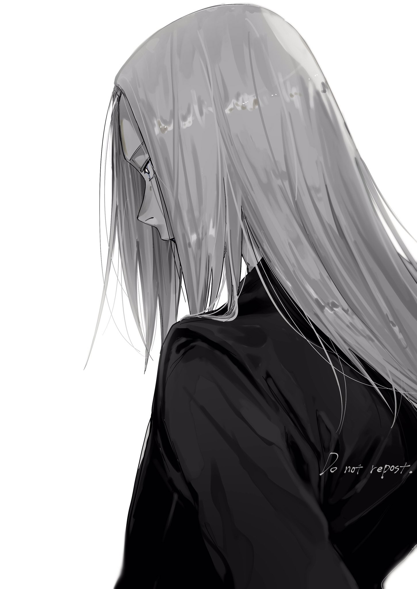 siji105, shishiba (sakamoto days), sakamoto days, commentary request, highres, 1boy, from behind, greyscale, jacket, long hair, male focus, monochrome, simple background, solo, suit jacket, upper body, white background