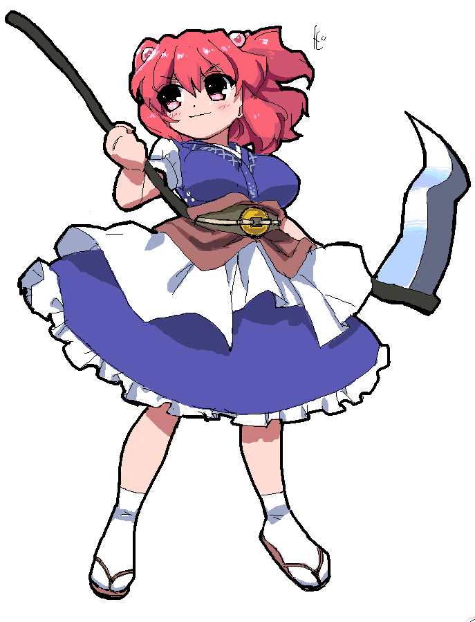 tonbi, onozuka komachi, touhou, bad id, bad pixiv id, 1girl, female focus, full body, hair bobbles, hair ornament, oekaki, red hair, scythe, simple background, solo, standing, white background