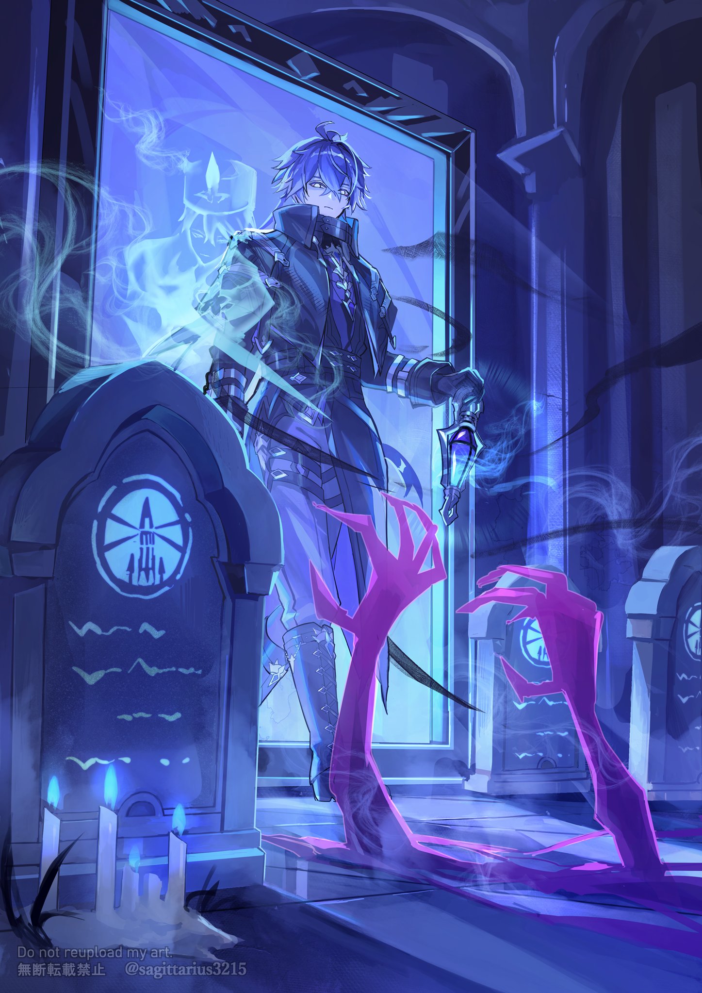 kukatsuma, flins (genshin impact), genshin impact, highres, 1boy, ahoge, antenna hair, black coat, black gloves, blue fire, blue hair, closed mouth, coat, collared capelet, collared coat, fire, ghost, gloves, hair between eyes, high collar, holding, holding lamp, holding lantern, huge ahoge, lantern, long hair, long sleeves, male focus, no pupils, solo, standing, tombstone, yellow eyes