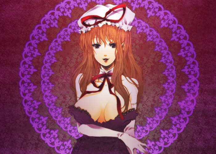 mot, yakumo yukari, touhou, bad id, bad pixiv id, 1girl, breasts, brown hair, cleavage, dress, elbow gloves, female focus, gloves, hat, huge breasts, large breasts, lipstick, long hair, makeup, solo