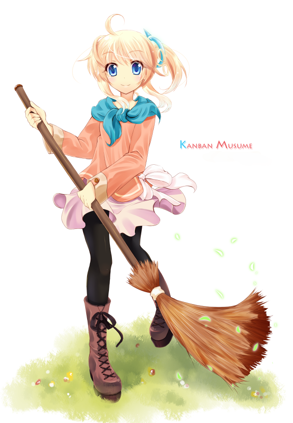 komone ushio, esia mariveninne (komone ushio), original, bad id, bad pixiv id, 1girl, black pantyhose, blonde hair, blue eyes, boots, broom, child, female focus, full body, grass, hair ornament, happy, lace-up boots, leaf, miniskirt, outdoors, pantyhose, ponytail, ribbon, simple background, skirt, smile, solo, standing
